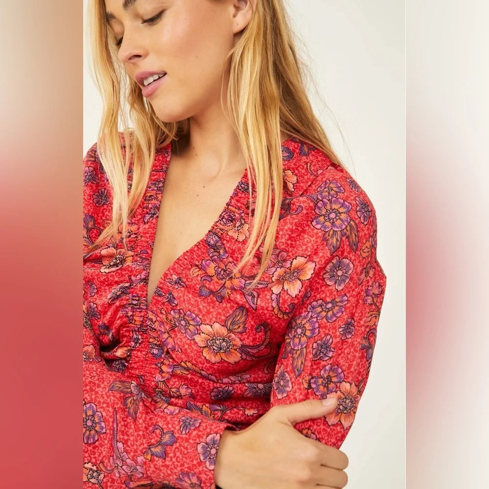 Free People “I got you” Long sleeve collared floral print blouse in “ruby combo” - Picture 4 of 10